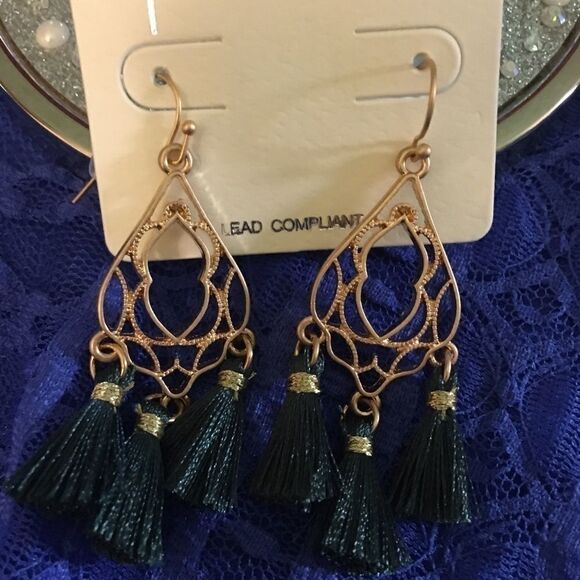 Chandelier Gold Scroll & 3 Green Tassel Earrings - Picture 2 of 4